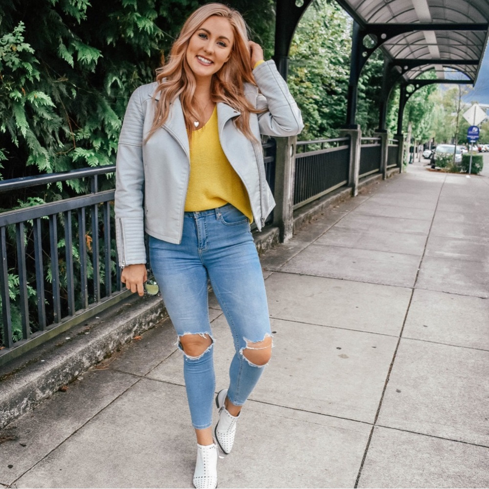 Topshop Light Gray Leather Moto Jacket